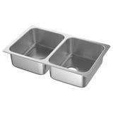HILLESJÖN Inset sink, 2 bowls, stainless steel, 75x46 cm