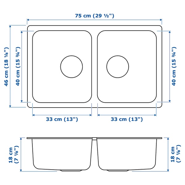 HILLESJÖN Inset sink, 2 bowls, stainless steel, 75x46 cm