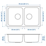 HILLESJÖN Inset sink, 2 bowls, stainless steel, 75x46 cm