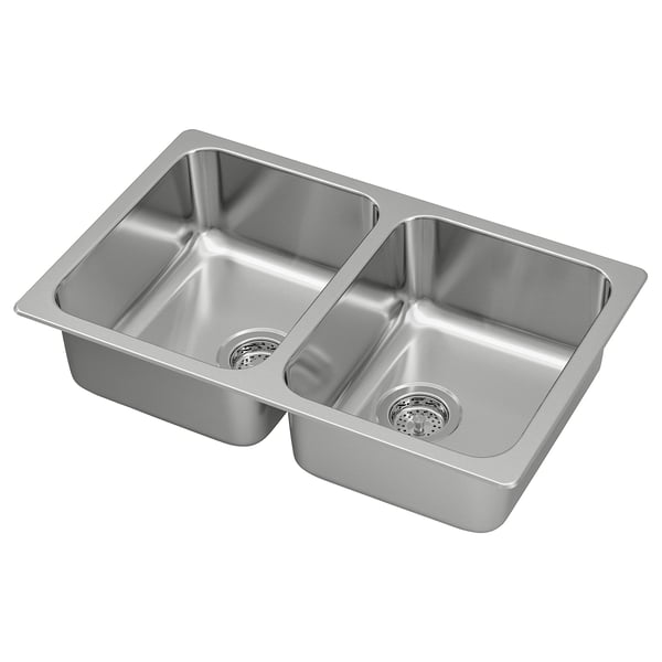 HILLESJÖN Inset sink, 2 bowls, stainless steel, 75x46 cm