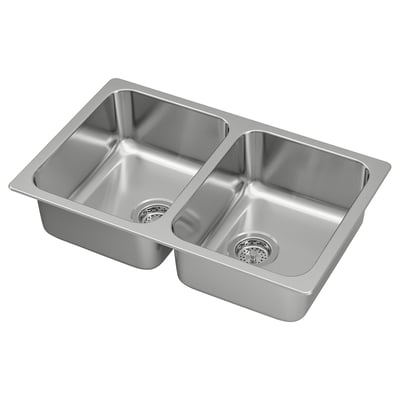 HILLESJÖN Inset sink, 2 bowls, stainless steel, 75x46 cm
