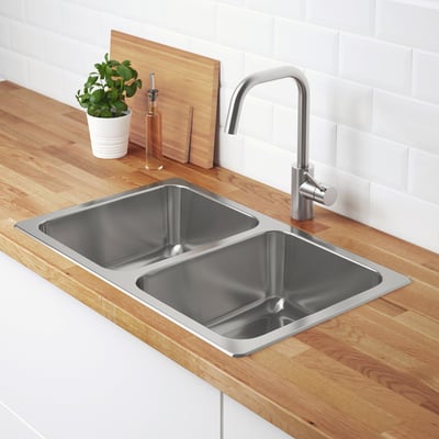 HILLESJÖN Inset sink, 2 bowls, stainless steel, 75x46 cm