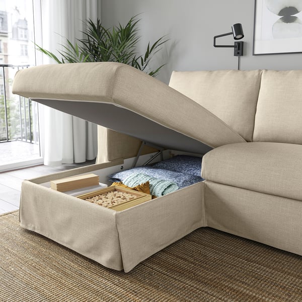 HYLTARP 3-seat sofa w chaise longue, left, Hemmesta light beige