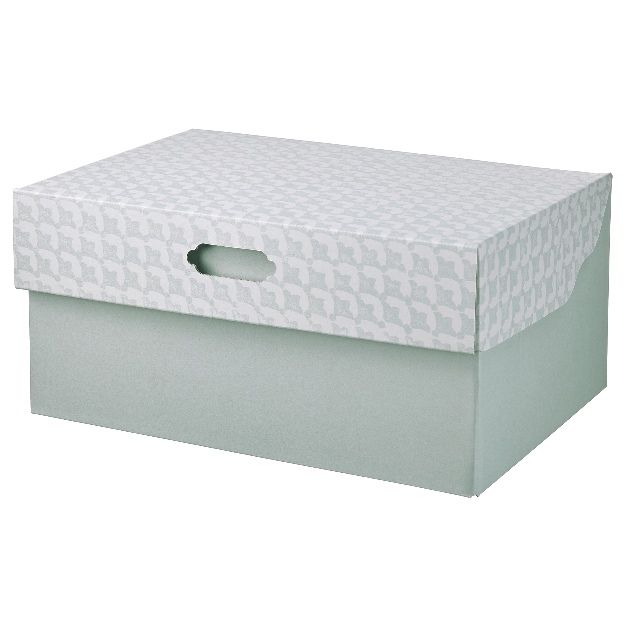 HYVENS Storage box with lid, greygreen white/paper, 33x23x15 cm IKEA