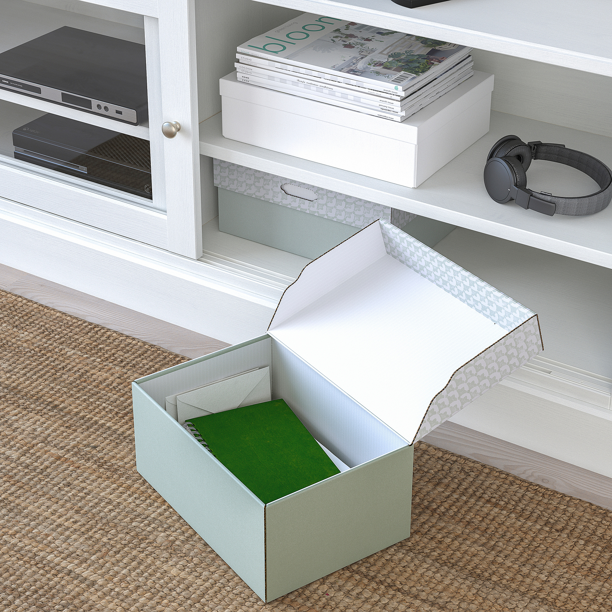 HYVENS Storage box with lid, greygreen white/paper, 33x23x15 cm IKEA