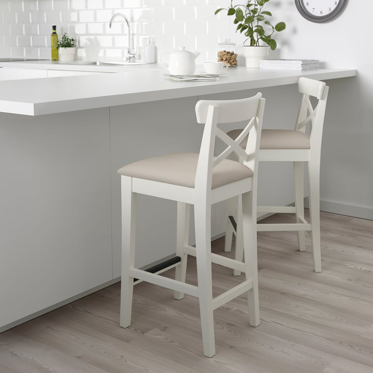 INGOLF bar stool with backrest, white/Hallarp beige, 65 cm IKEA
