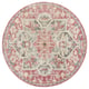 Round rug in red and grey tones, ornate pattern with geometric designs. Made of 100% polypropylene.