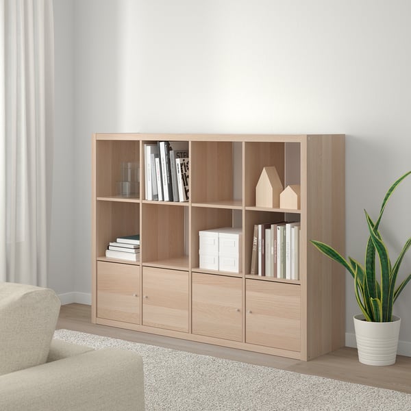 KALLAX shelving unit with 4 inserts, white stained oak effect, 147x112
