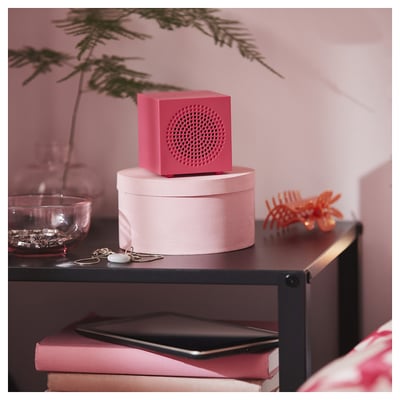 Pink cube-shaped speaker on a black shelf with earrings, a bowl, and a plant.