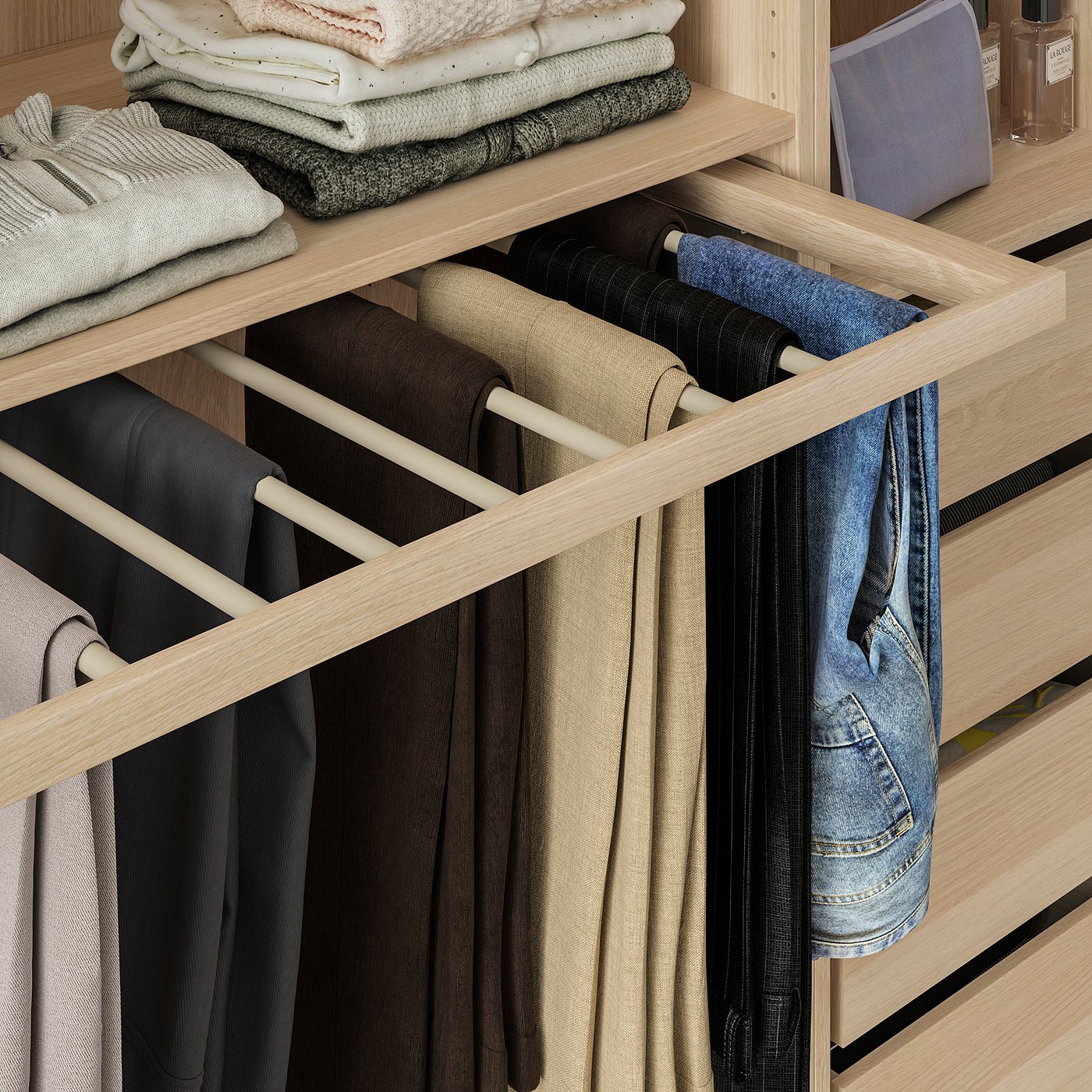 KOMPLEMENT Pullout trouser hanger, white stained oak effect, 100x58 cm