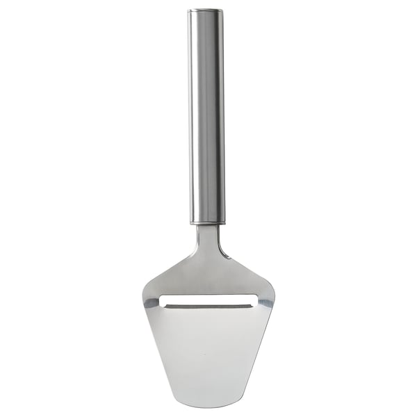 This is a KONCIS cheese slicer, silver, stainless steel, with a long handle and a triangular blade.