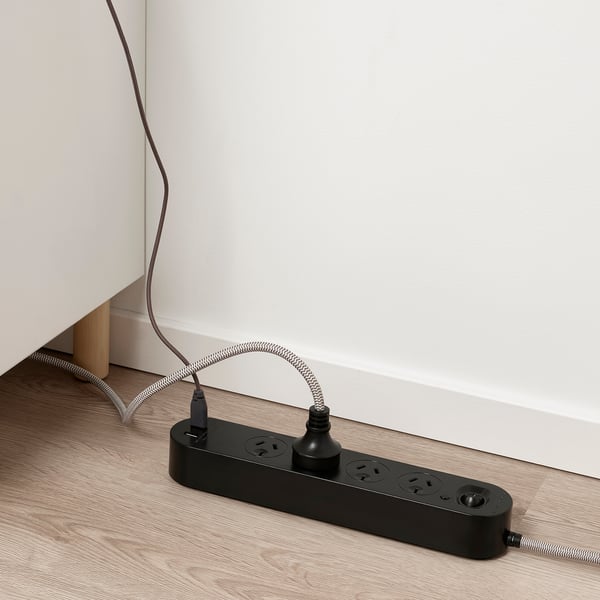 KOPPLA 4-way socket with 2 USB ports, black/white/textile, 3.0 m