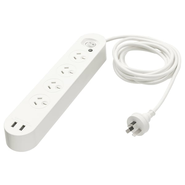 KOPPLA 4-way socket with 2 USB ports, white, 3.0 m