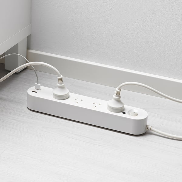 KOPPLA 4-way socket with 2 USB ports, white, 3.0 m