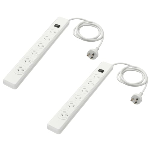 Two white KOPPLA surge protectors with six sockets each, switch, and cables.