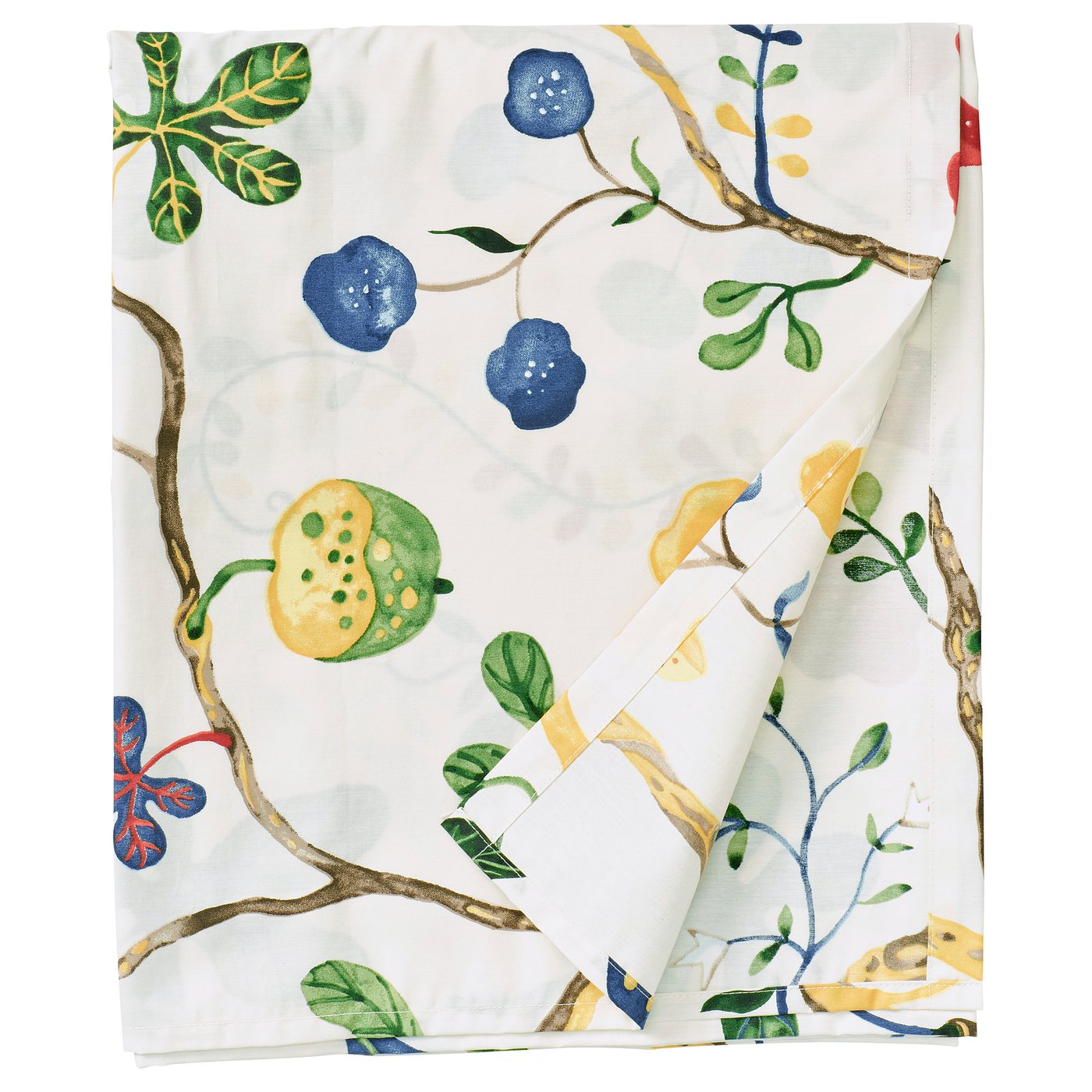 Folded white tablecloth with blue, yellow, green fruit & leaf patterns, made of 57% cotton, 43% lyocell.