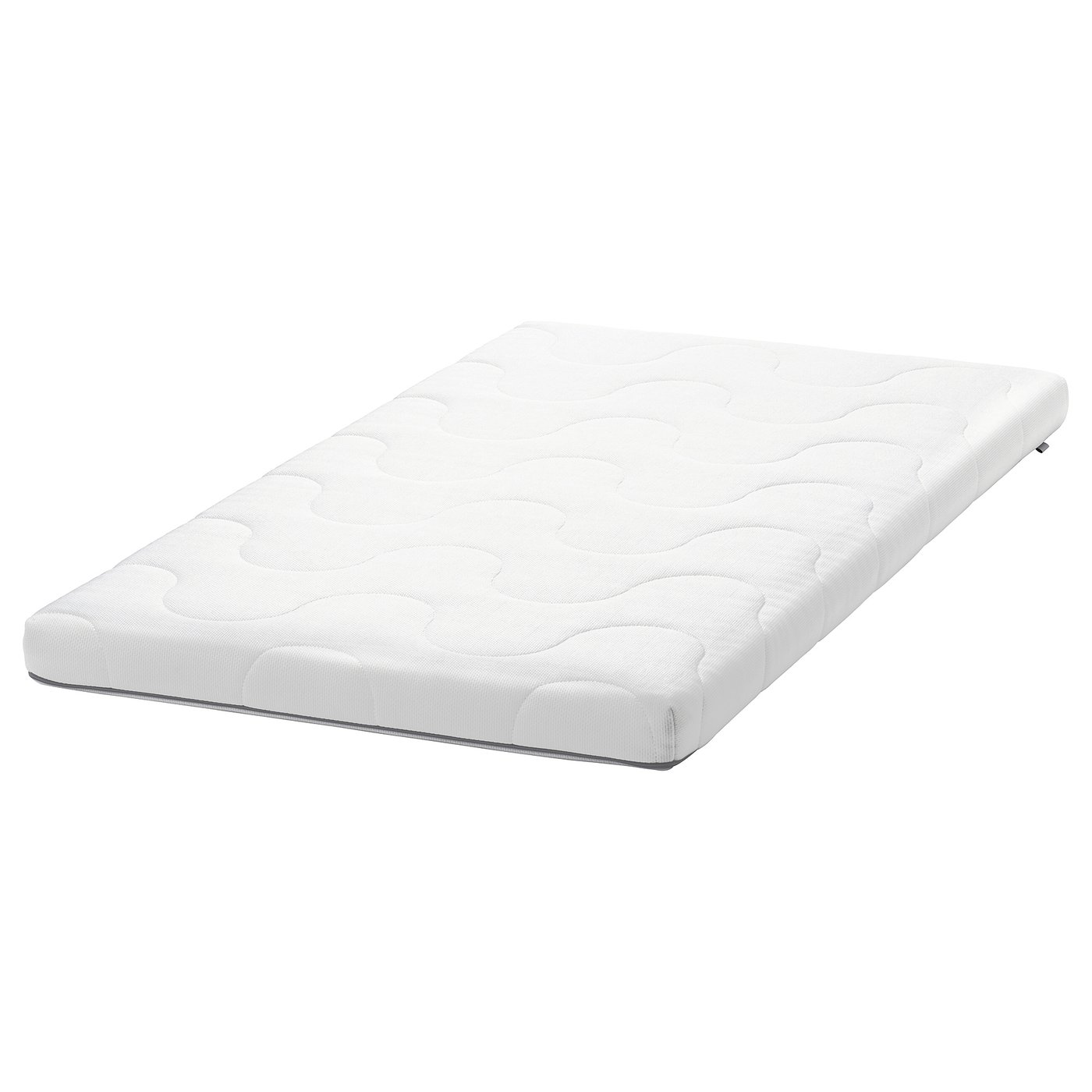 White baby mattress, rectangular, quilted design, firm for safety.