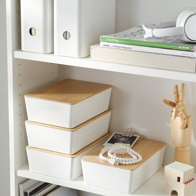 KUGGIS Box with lid, white/bamboo, 18x26x8 cm