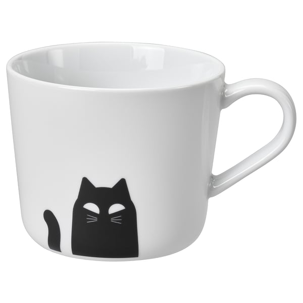 KUSTFYR Mug, cat pattern white/black, 36 cl