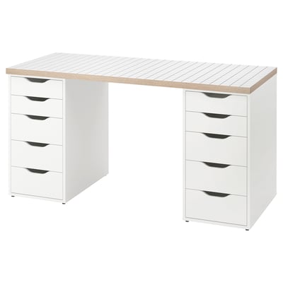 A white LAGKAPTEN desk with two drawer units on either side. The top has a symmetrical square pattern, and the drawers have black handles.