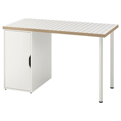 A white LAGKAPTEN desk with a textured top and single door storage. Modern design with metal legs.