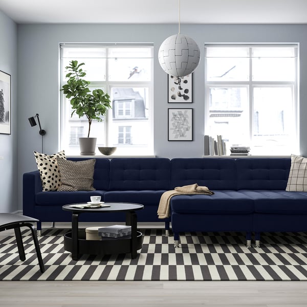 LANDSKRONA 4-seat sofa with chaise longues, Djuparp dark blue/metal
