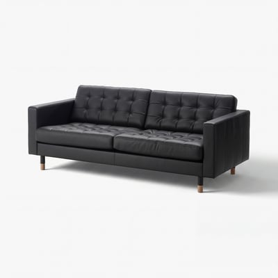Modern black leather sofa, LANDSKRONA, tufted design, wooden legs, sleek and stylish.
