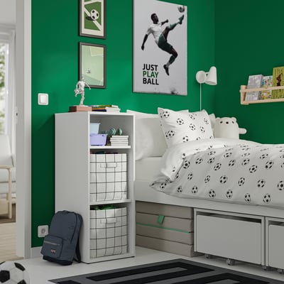 Kids room, storage, football bed, posters. Or, to include the themes more explicitly: kids football-themed room with storage.