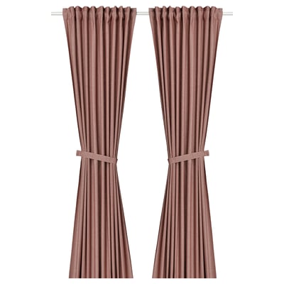 LENDA Curtains with tie-backs, 1 pair, brown-red/with heading tape, 140x250 cm