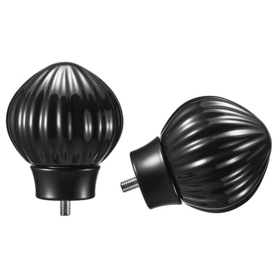 Black LERBRONIA ceramic finials for curtain rods, featuring elegant ribbed design. Set of two with mounting screws.