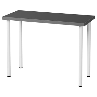 LINNMON desk: black top, 4 white legs, simple design.