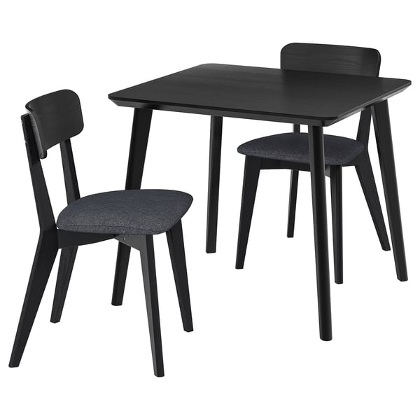 Black modern dining set with square table and cushioned chairs, sleek design.