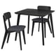 Black modern dining set with square table and cushioned chairs, sleek design.