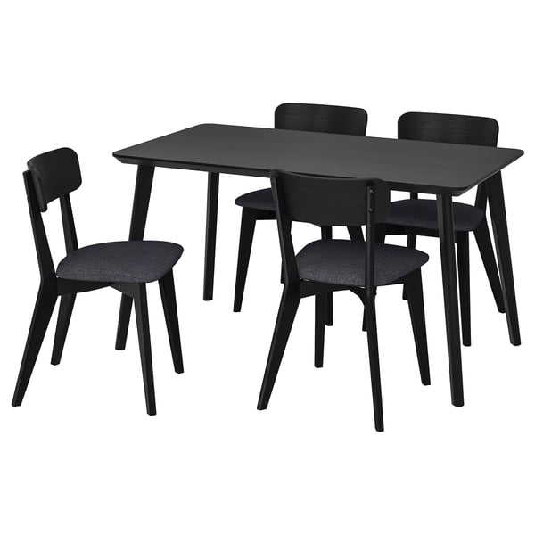 A black LISABO dining set with a rectangular table and four padded chairs, featuring modern wooden legs and a smooth surface.