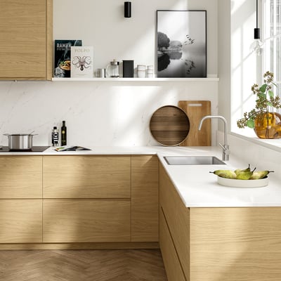 LOCKEBO Custom made worktop, off-white brown/marble effect glass composite, 1 m²x2.0 cm