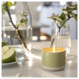 LÖVSKOGSLUND Scented candle in ceramic jar, Apple/bright beige-yellow, 25 hr