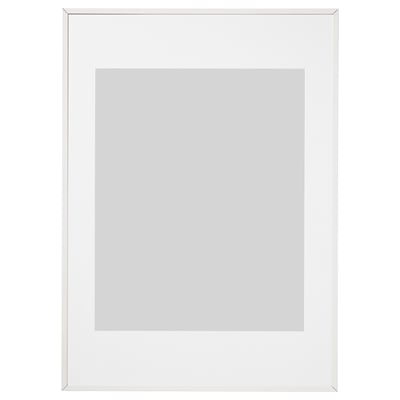 A white LOMVIKEN picture frame with a sleek, thin metal edge and a plastic front cover, suitable for any portrait or landscape photo.