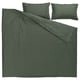This image shows a LUKTVICKER dark green cotton duvet set with a waffle weave texture, including one flat sheet and two pillowcases.