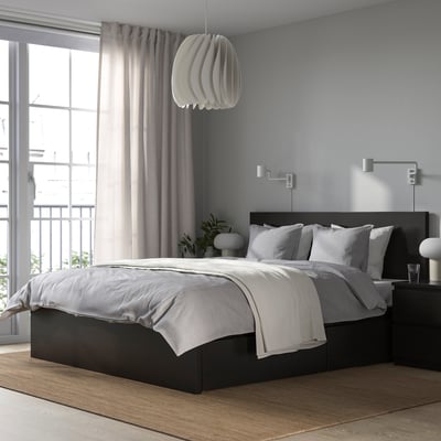 MALM Bed frame, high, w 2 storage boxes, black-brown/Luröy, Double