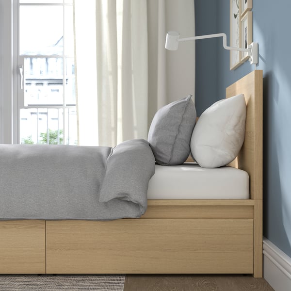 MALM Bed frame, high, w 2 storage boxes, white stained oak veneer, Single
