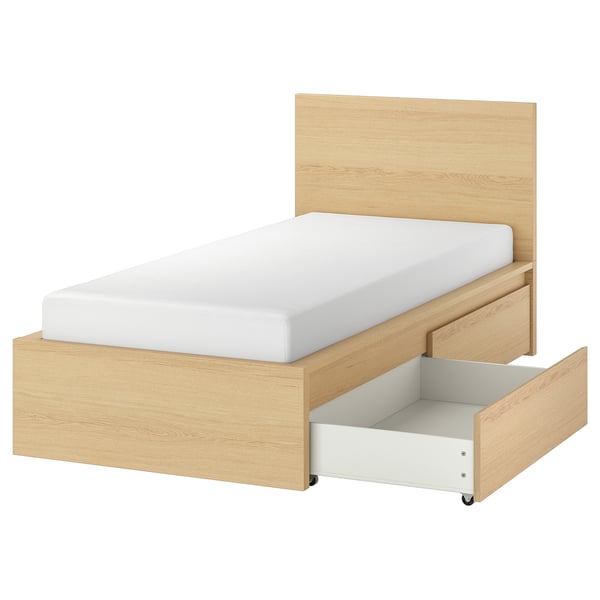 MALM Bed frame, high, w 2 storage boxes, white stained oak veneer, Single