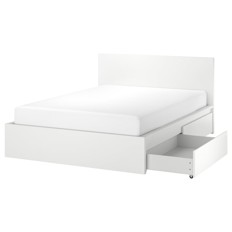 MALM bed frame, high, w 2 storage boxes, white, Double IKEA