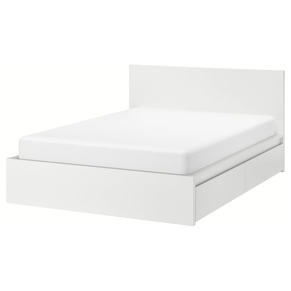 MALM Bed frame, high, w 4 storage boxes, white, Luröy, Double Learn