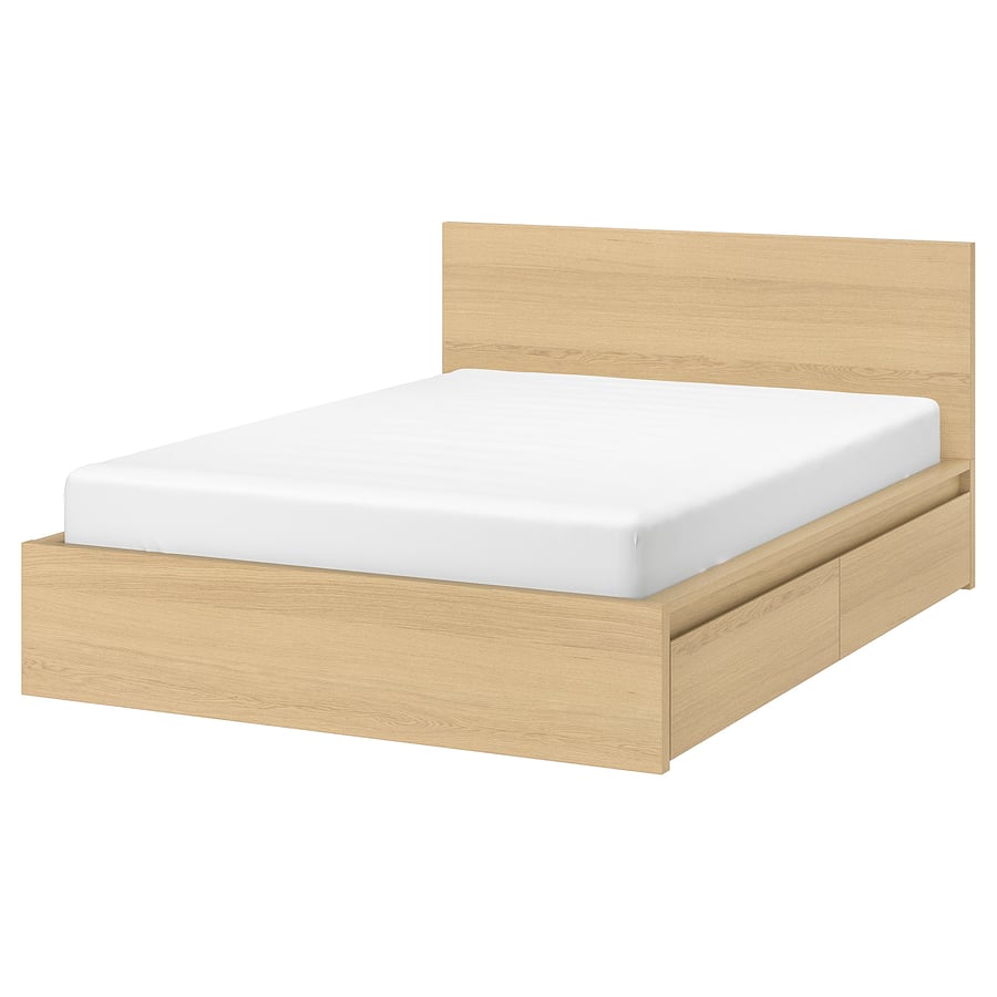 MALM Bed frame, high, w 4 storage boxes, white stained oak veneer