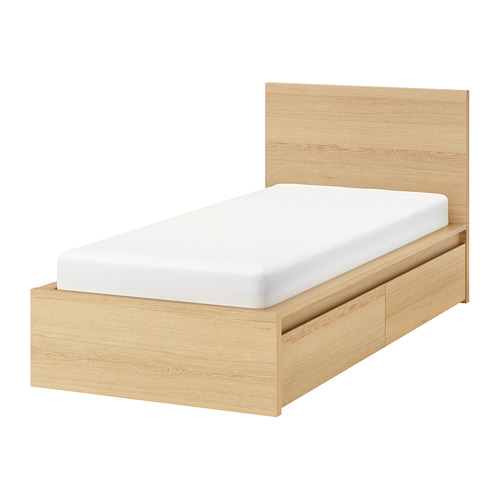 MALM Bed frame, high, w 2 storage boxes - -, -, white stained oak veneer - IKEA