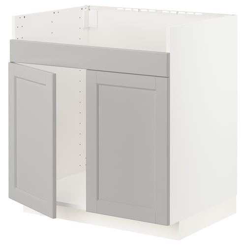 A grey METOD kitchen cabinet with light grey lerhyttan fronts and bevelled edges.
