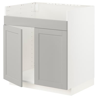 A grey METOD kitchen cabinet with light grey lerhyttan fronts and bevelled edges.