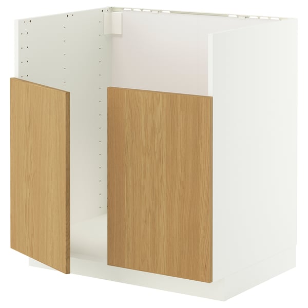 A white and oak IKEA METOD kitchen cabinet unit with two doors.