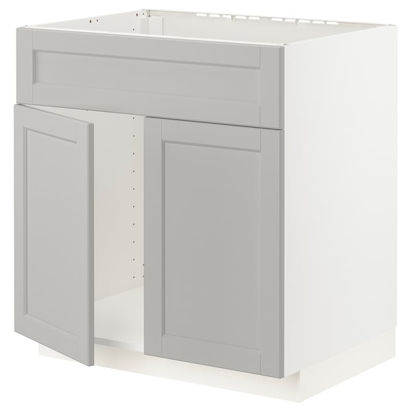 METOD Base cabinet f sink w 2 doors/front, white/Lerhyttan light grey, 80x60x80 cm