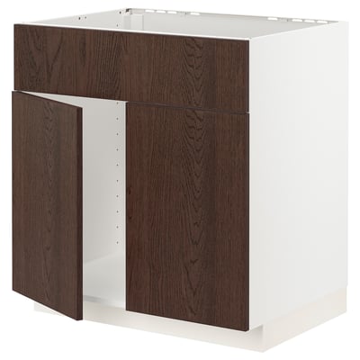 Modern kitchen cabinet, METOD, dark brown sinarp wood, white, rectangular, clean design.